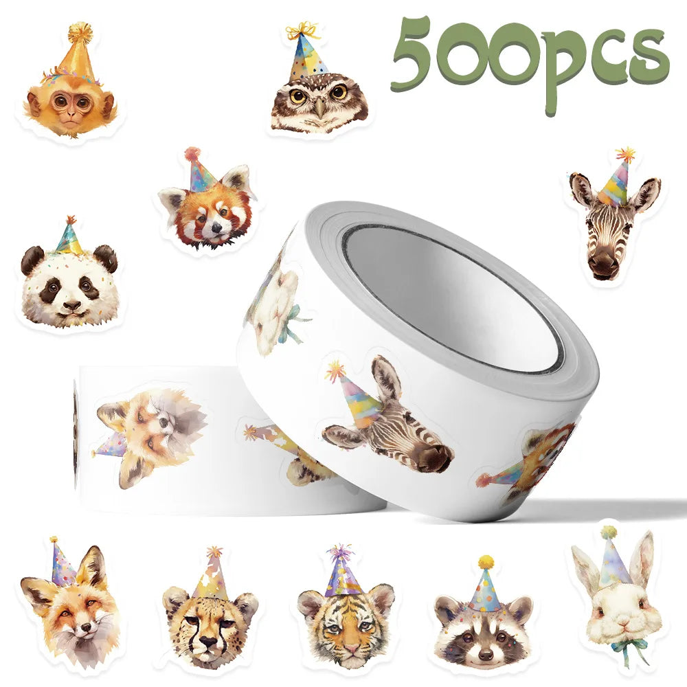 500Pcs Party Animals Happy Birthday Stickers Roll 1 Inch Cute Animal Painting Sealing Sticker