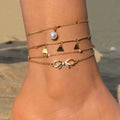 2022 Summer 4pcs Sandals Gold Plated Pearls Star Pendant Ankle Double Layer Bow Star Tassel Anklets
