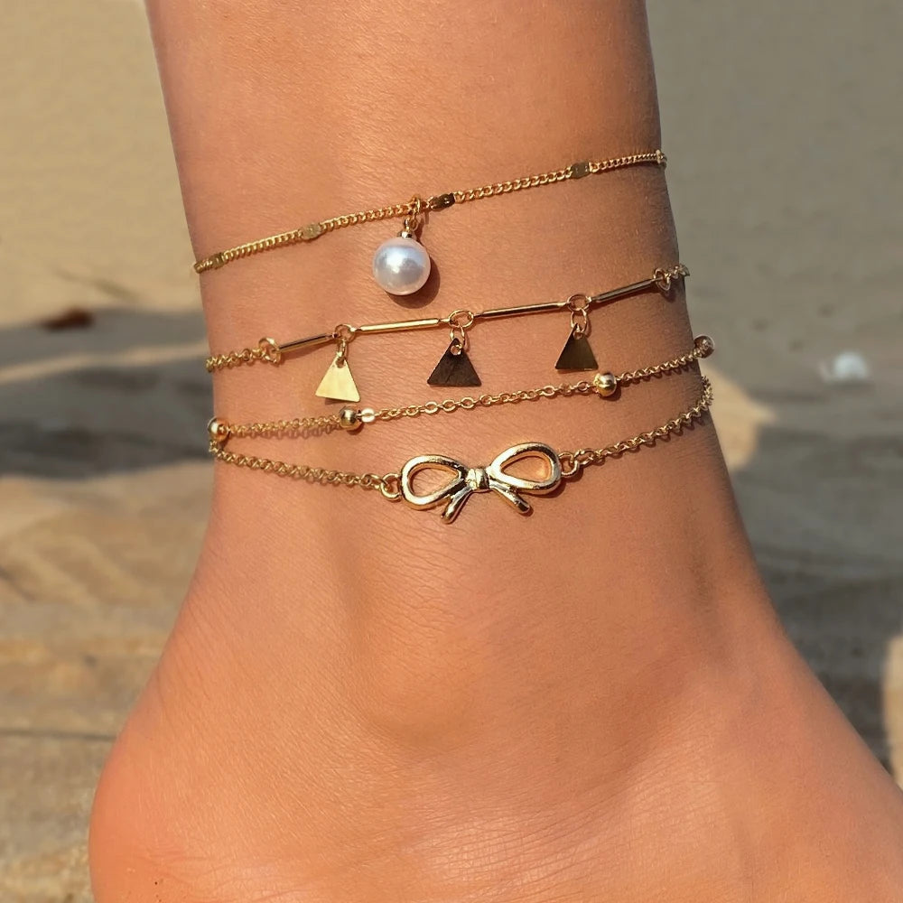 2022 Summer 4pcs Sandals Gold Plated Pearls Star Pendant Ankle Double Layer Bow Star Tassel Anklets