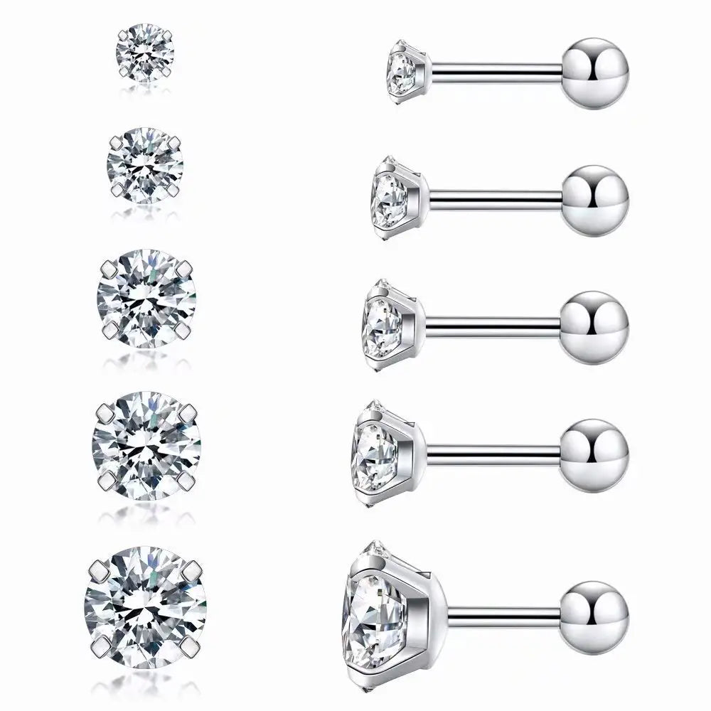 Cubic Zirconia Hypoallergenic Stud Earrings for Men Women Girls Declaration Cartilage Steel Spiral Earrings 5 Pairs