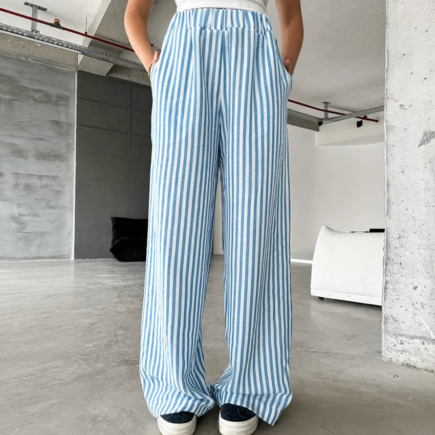 Enyami Wholesale Loose Casual Comfortable Ladies Trousers Boutique Street Style Striped High-Waisted Elastic Straight Leg Pants