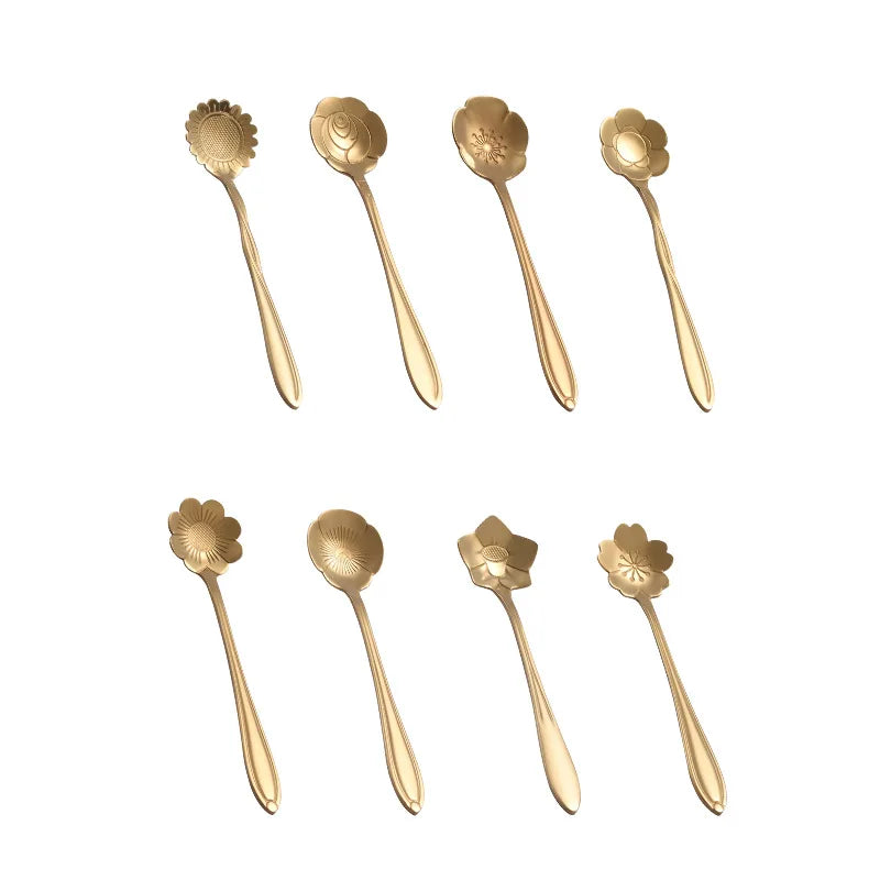 Hot Sale Stainless Steel Cutlery Gold Flatware Matte Flower Shape Dessert Coffee Stirring Spoon Silverware