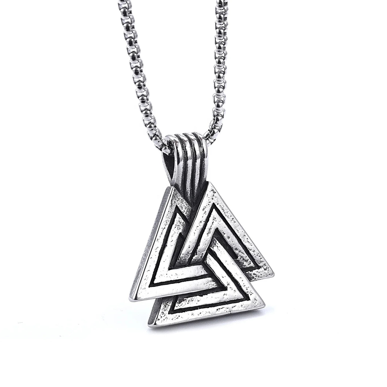 Custom Handmade Nordic Jewelry Vintage Stainless Steel Triangle Viking Valknut Symbol Pewter Pendant Necklace