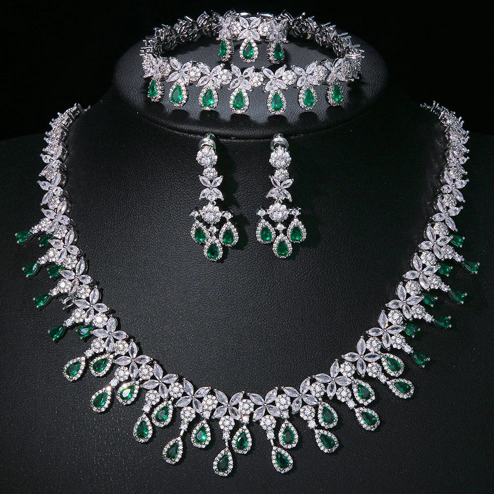 Luxury Green CZ Zircon Bridal Wedding Women Jewelry Sets Exquisite Teardrop Cubic Zircon Flower Wedding Jewelry Set