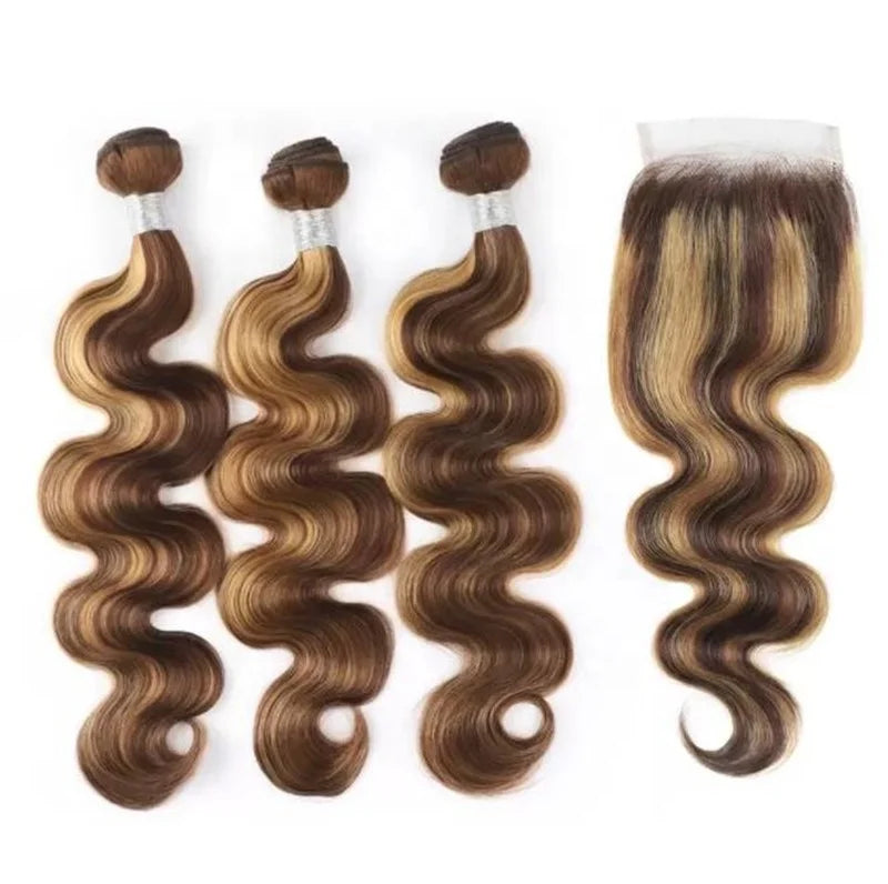 Wholesale Double Drawn Highlight Color Wave Weft Hair Bundles Raw Brazilian Cuticle Aligned HD Hair Extension With Lace Closure