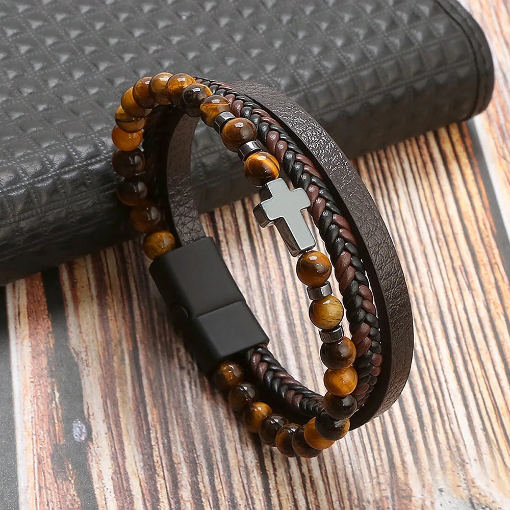 2026 Trendy Men's Cross Bracelet Natural Tiger Eye Stone Stainless Steel Classic Religious Geometric Design for Wedding