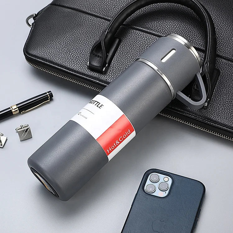 Hot Selling Business Custom Gift Logo 304 Stainless Steel Vacuum Thermos Set One Cup Two Lid Gift Box
