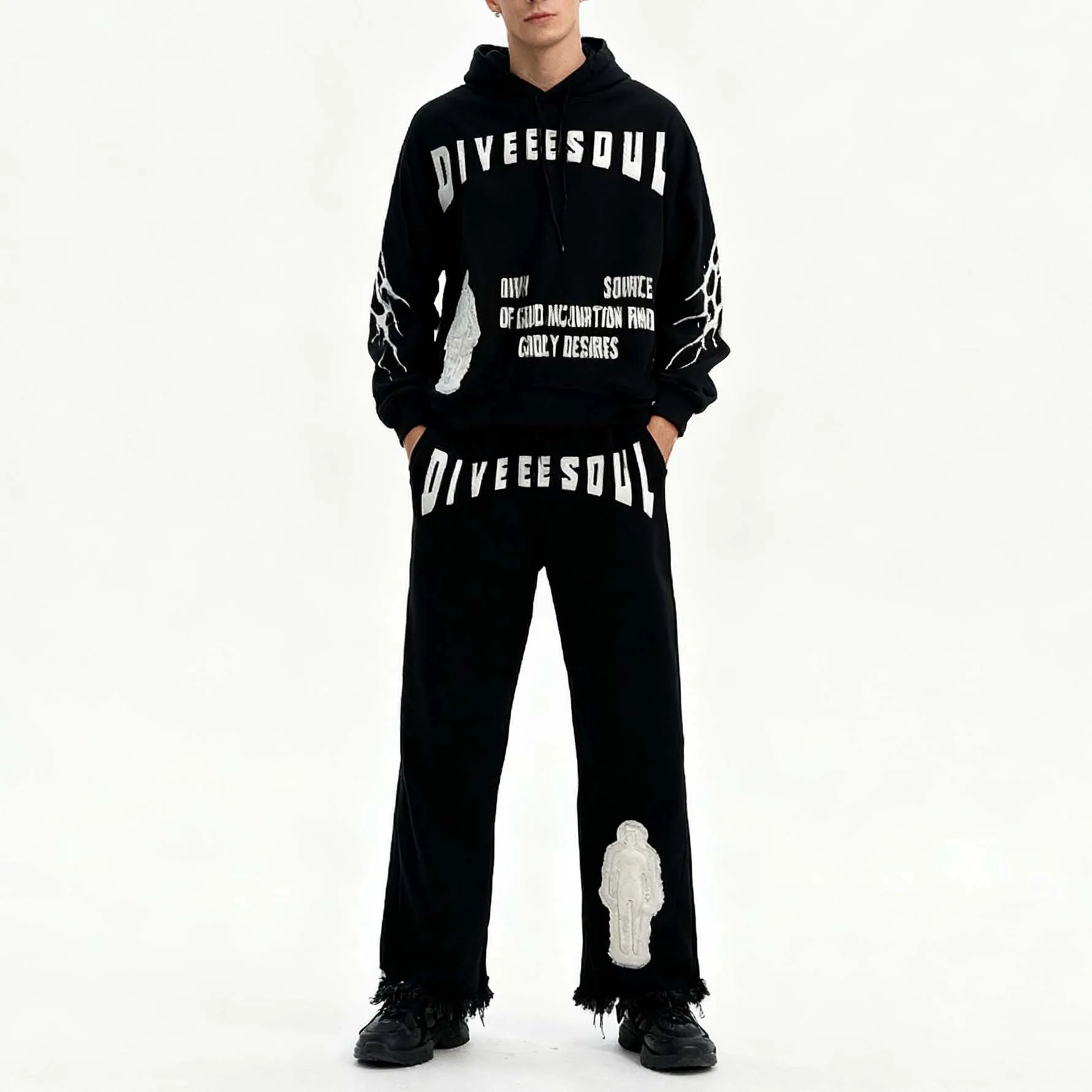 Custom Unisex Applique Embroidery Patch Hem Cut Flared Stacked Joggers Tracksuit Sweatpants and Hoodie Set for Men