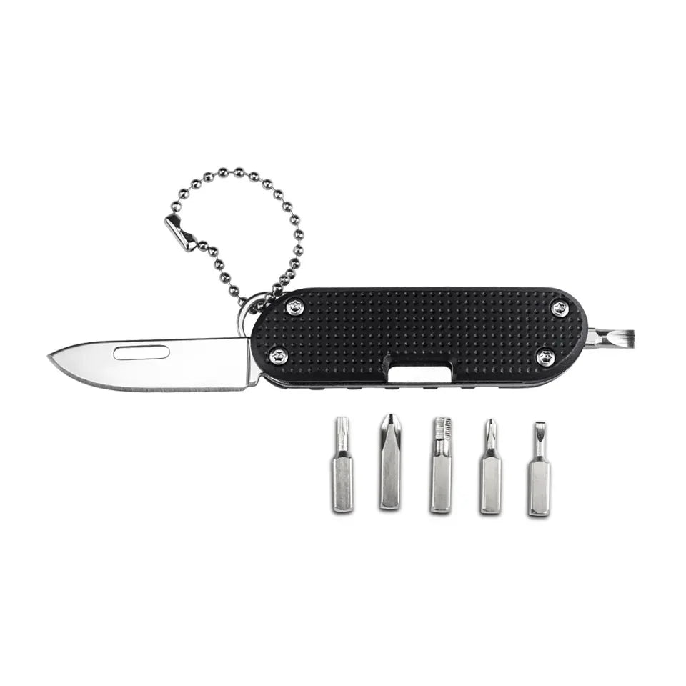 GHK EDC Outdoor Metric Stainless Steel 8-Function Small Tools Multifunctional Keyring Pocket Knife with Bits