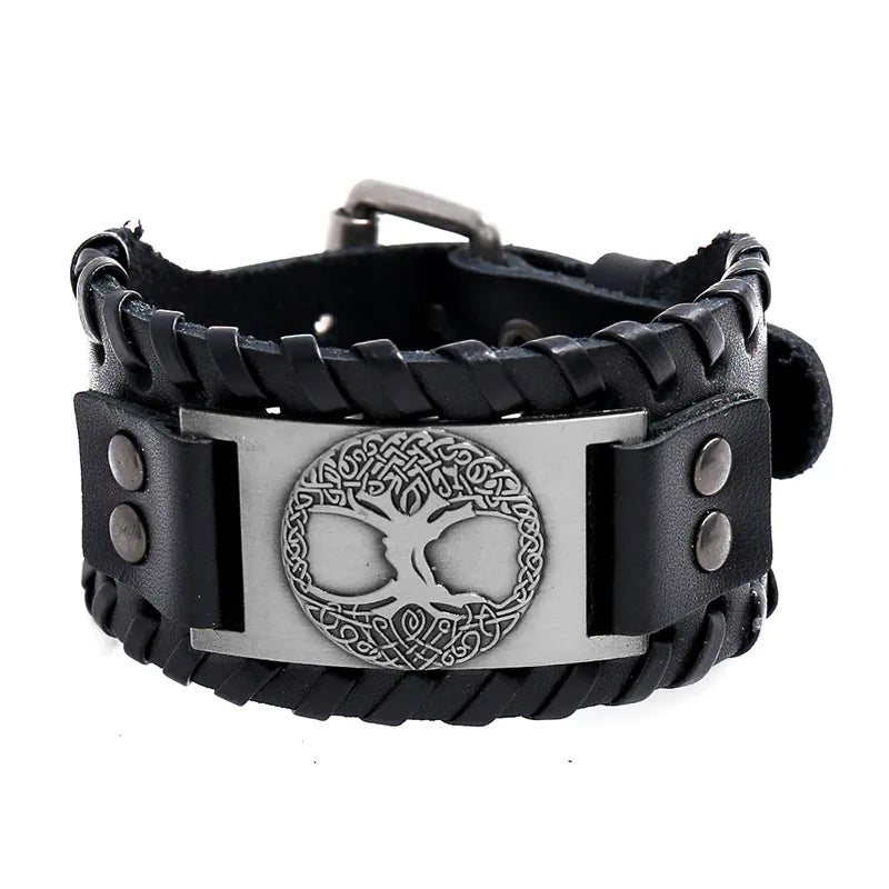 DPANCO P01938 Viking Totem Lucky Tree Leather Cuff Bracelet Vintage Men's Punk Jewelry Woven Wide Zinc Alloy Antique Silver