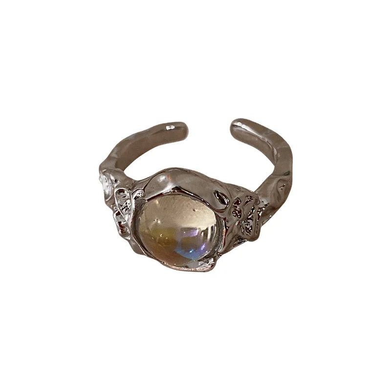 Victorian Style Vintage Round Natural Stone Moonstone Solitaire Adjustable Ring Clear Cats Eye Stone Birthstone Opening Rings