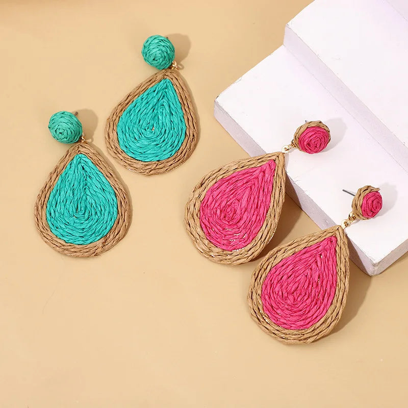 Wholesale Drop Shape Colorful Raffia Earrings Jewelry Holiday Woven Rattan Studs Earrings for Women