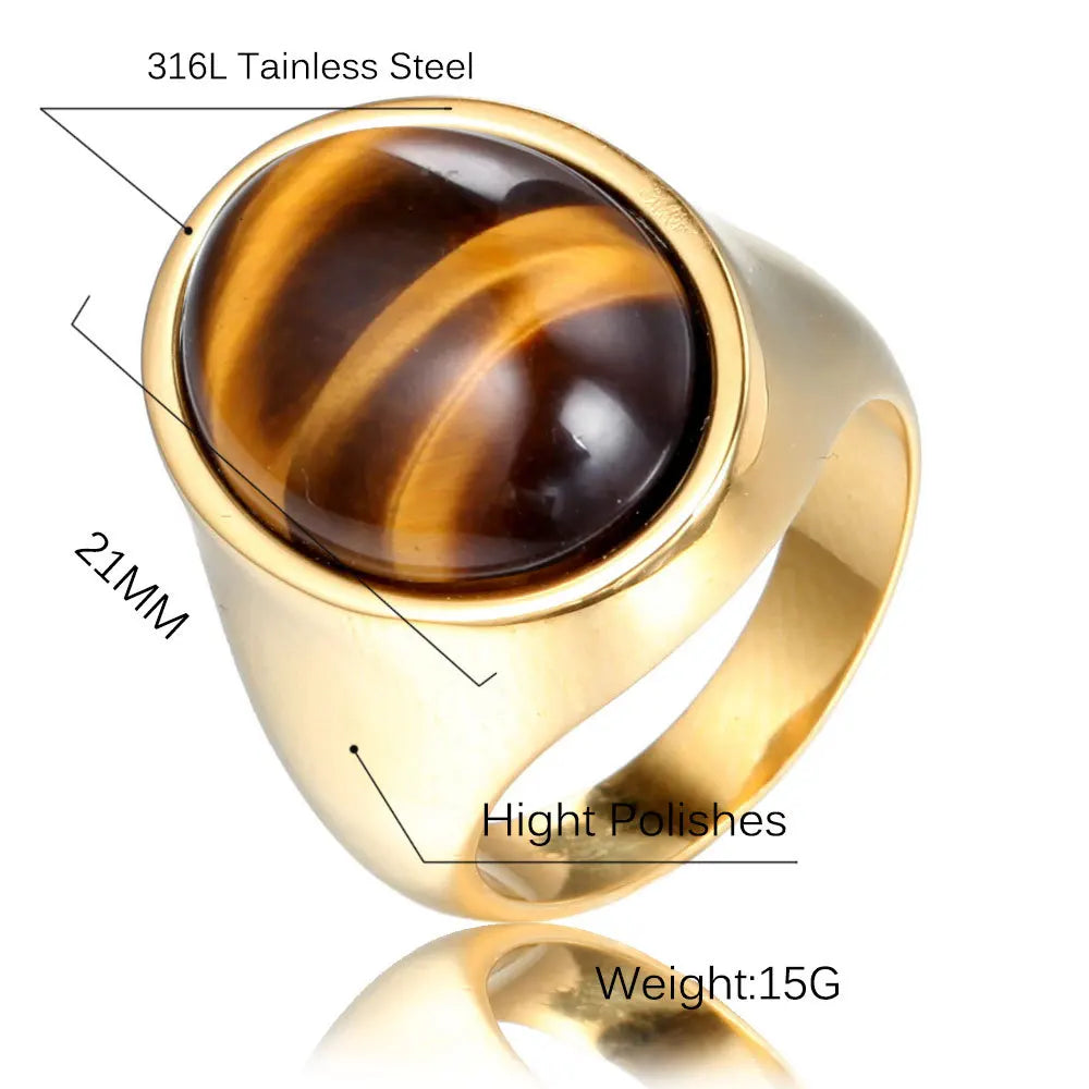 Hot Selling Minimalist Stainless Steel Ring for Unisex Oval Shape Tiger Eye Stone Ring