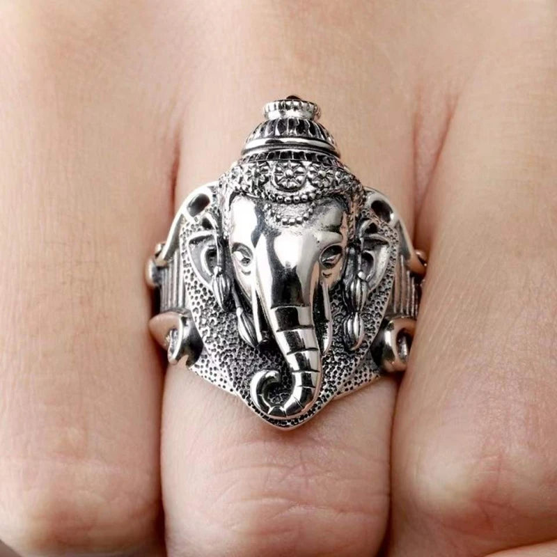 Personalized Fashion Trend Retro Thai Silver Wide Face Three-dimensional Animal Ring Elephant Trunk Ring Elephant Ring