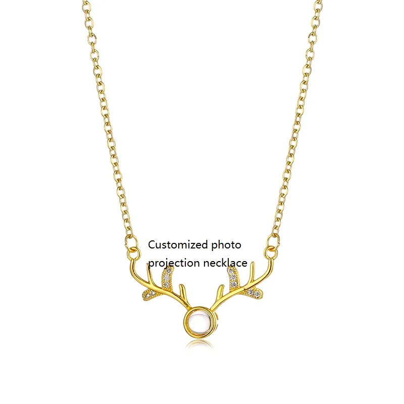 A Deer with You Projection Clavicle Stainless Steel Link Chain Necklace Rose Gold Platinum Female Customized Photo Projection