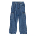 Denim: Street wide-leg cargo pants for men and women straight-leg loose slimming trendy and retro denim trousers