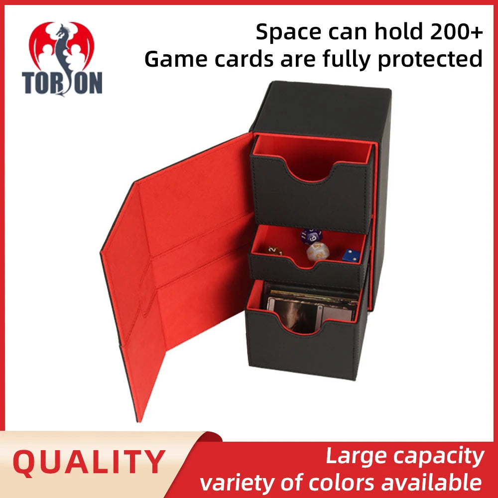 TORSON 200+ Trading Deck Card Box PU Leather Board Game Deck Box with 3 Draw Storage Features for Ultimate Guard Deck Box