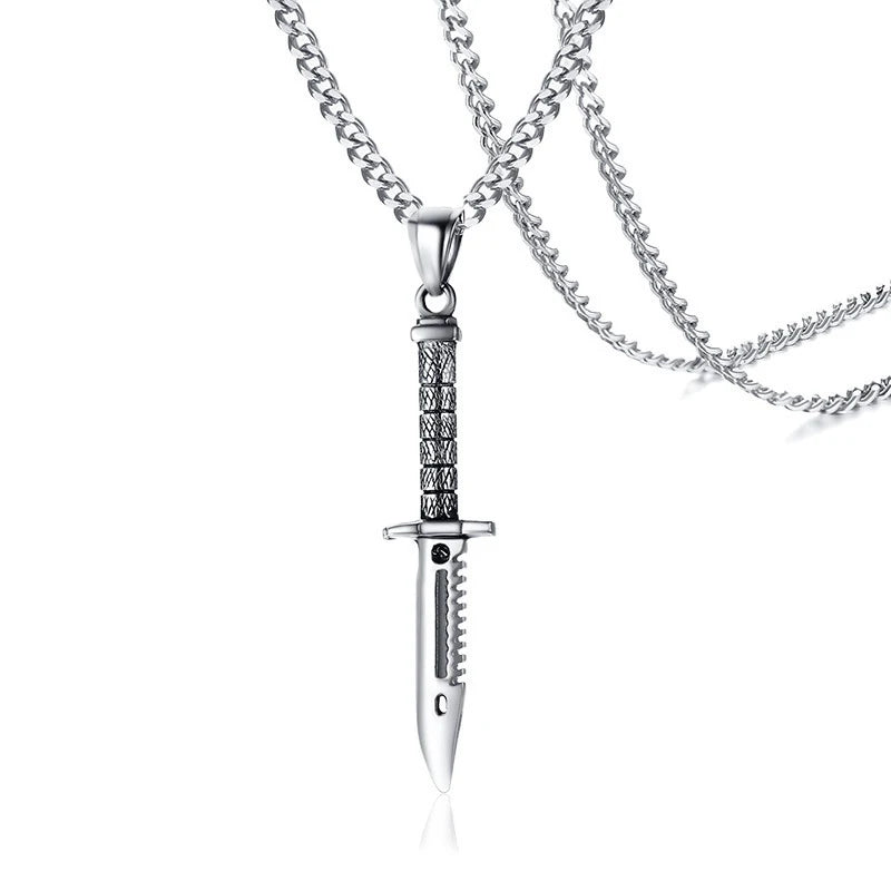 Factory Stock Military Enthusiast Jewelry Men Non Tarnish Stainless Steel Long Chain Dagger Pendant Necklaces