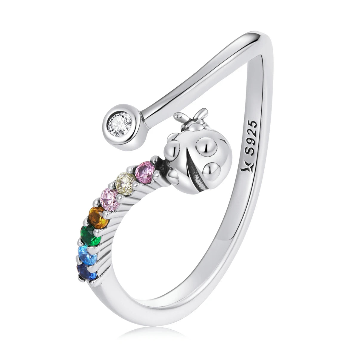 Genuine 925 Sterling Silver Colored Zirconium Silver Ladybug Open Size Ring for Women Rainbow Ring Luxury Jewelry SCR785