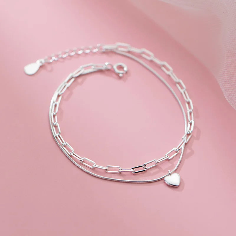 Ins Style 925 Sterling Silver Heart Charm Bracelets Adjustable Double Layer Chain Heart Pendant Bracelets