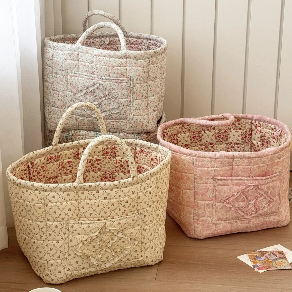 Floral Cotton Lightweight Handheld Snack Basket High-Value Foldable Storage Box Household Sundries Storage Basket Bin