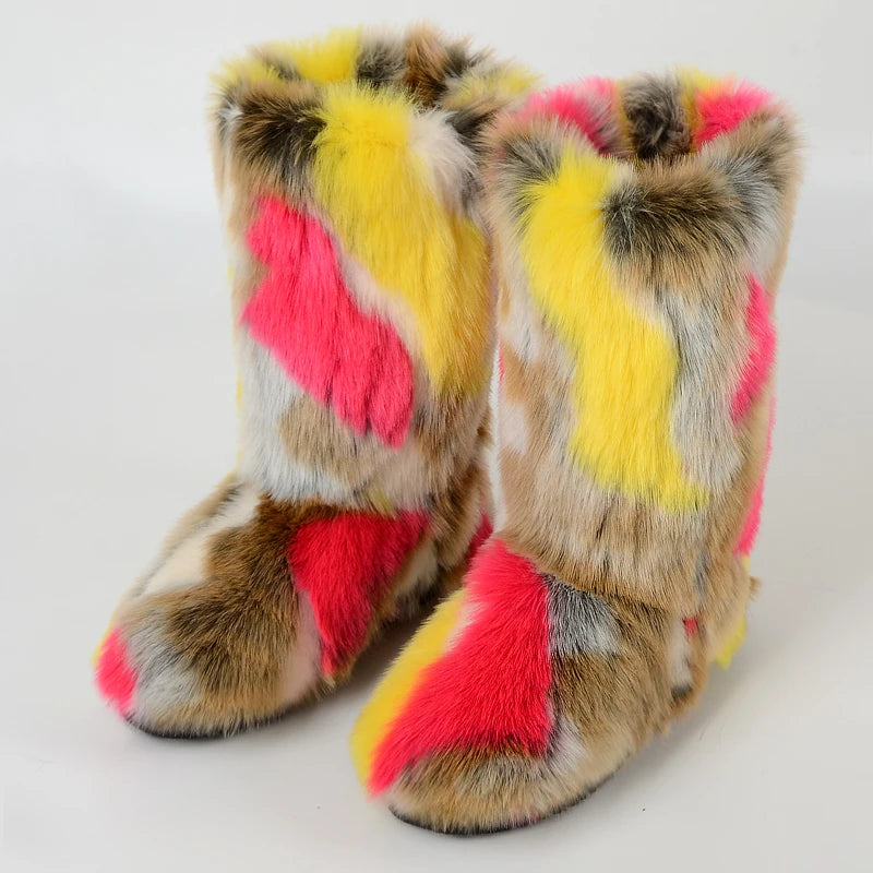 2026 Big Size Winter Women's Faux Fox Fur Outdoor Boots Fluffy Stripe Furry High Top Boots Woman Fur Home Female Warm Home Shoe