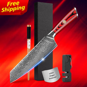 Free Shipping SkyCook 7 Inch Damascus Steel Kiritsuke Knife with Red G10 Mosaic Pin Handle Free logo