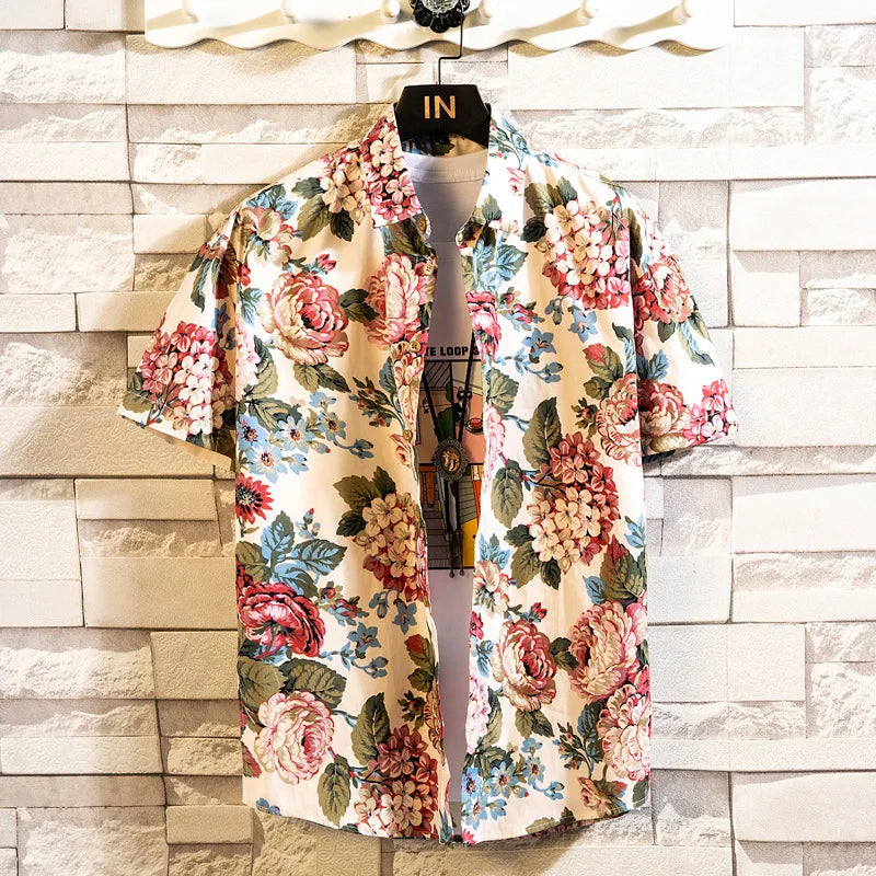 Summer New Men Fashion Casual Flower Shirt Short Sleeved Shirt