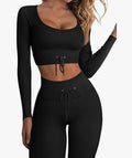 Workout for Women 2 Piece Sets Ribbed Outfits Long Sleeve Crop Tops High Waist Leggings Yoga Casual Suit