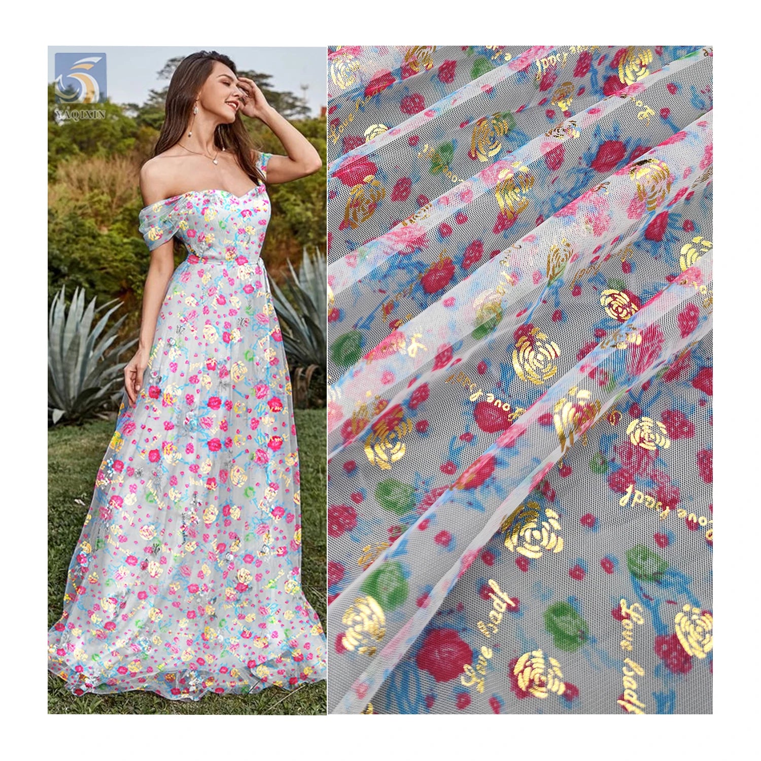 KT20 New Fashion Glitter Rose Flower Gold Printed Tulle Mesh Fabric with Digital Print Floral Tulle