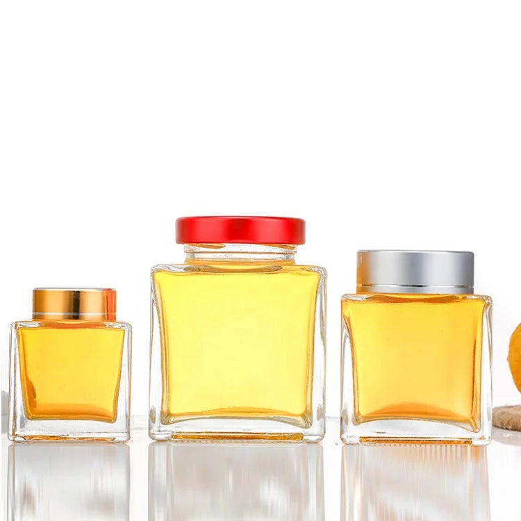 Empty Square 100ml 180ml 280ml 360ml Transparent Glass Jars with Twist-off Lids for Honey