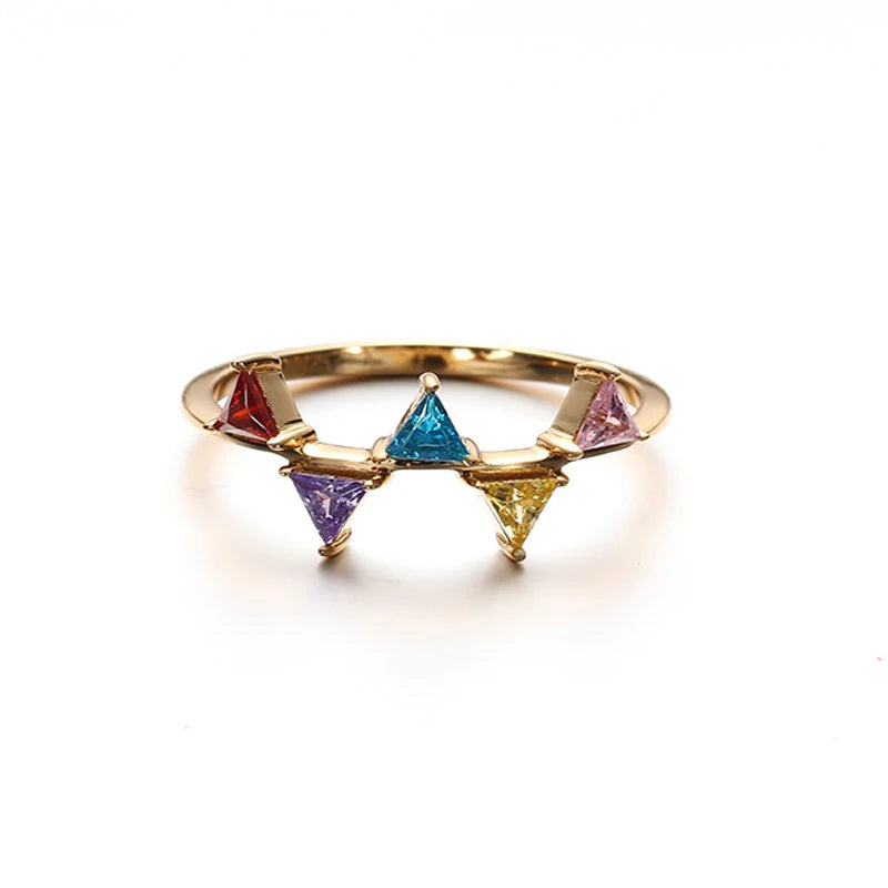 Colorful Geometric Statement Jewelry 925 Sterling Silver Gold Plated Rainbow Triangle Cubic  Zircon Ring