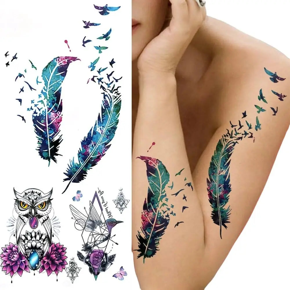 Watercolor Bird Temporary Tattoos for Women Girls Clever Owl Hummingbirds Flower Tattoo Sticker
