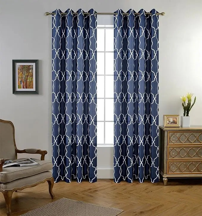 Moroccan Floral Embroidered Modern Faux Linen Grommet Window Panels Semi-Sheer Curtains with Rope Format