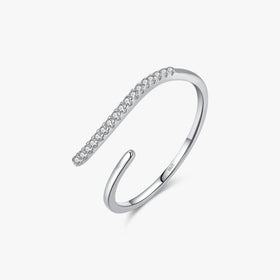 Minimalism 925 Sterling Silver Thin CZ Cocktail Ring Rhodium/Platinum Plated Pave Setting Wedding Adjustable Irregular Line