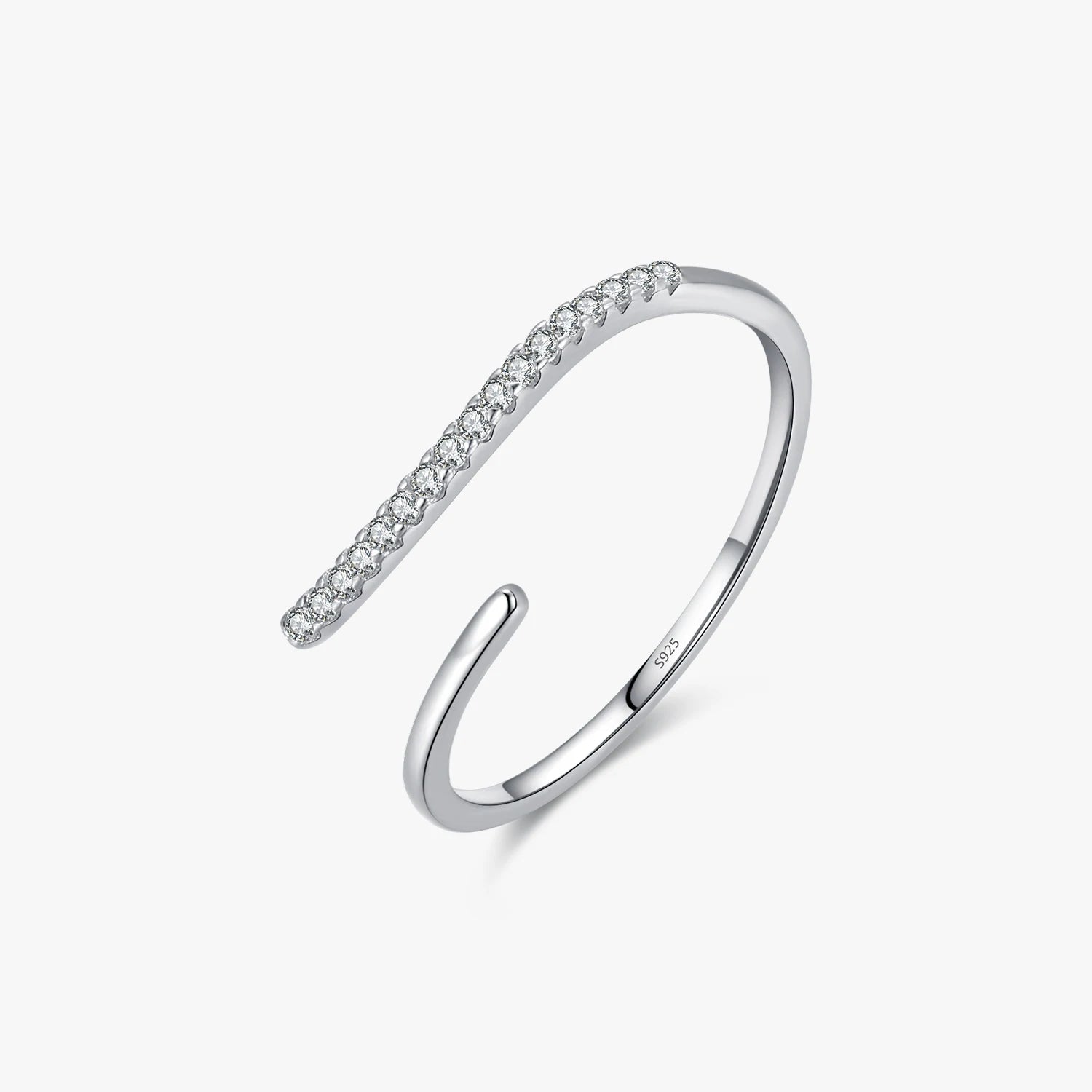 Minimalism 925 Sterling Silver Thin CZ Cocktail Ring Rhodium/Platinum Plated Pave Setting Wedding Adjustable Irregular Line