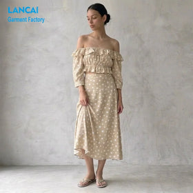 Clothing Manufacturers Custom All-over Print Co-ords Set OEM Off Shoulder Ruffled Crop Top and Midi Skirt 2 Pieces Set for Women