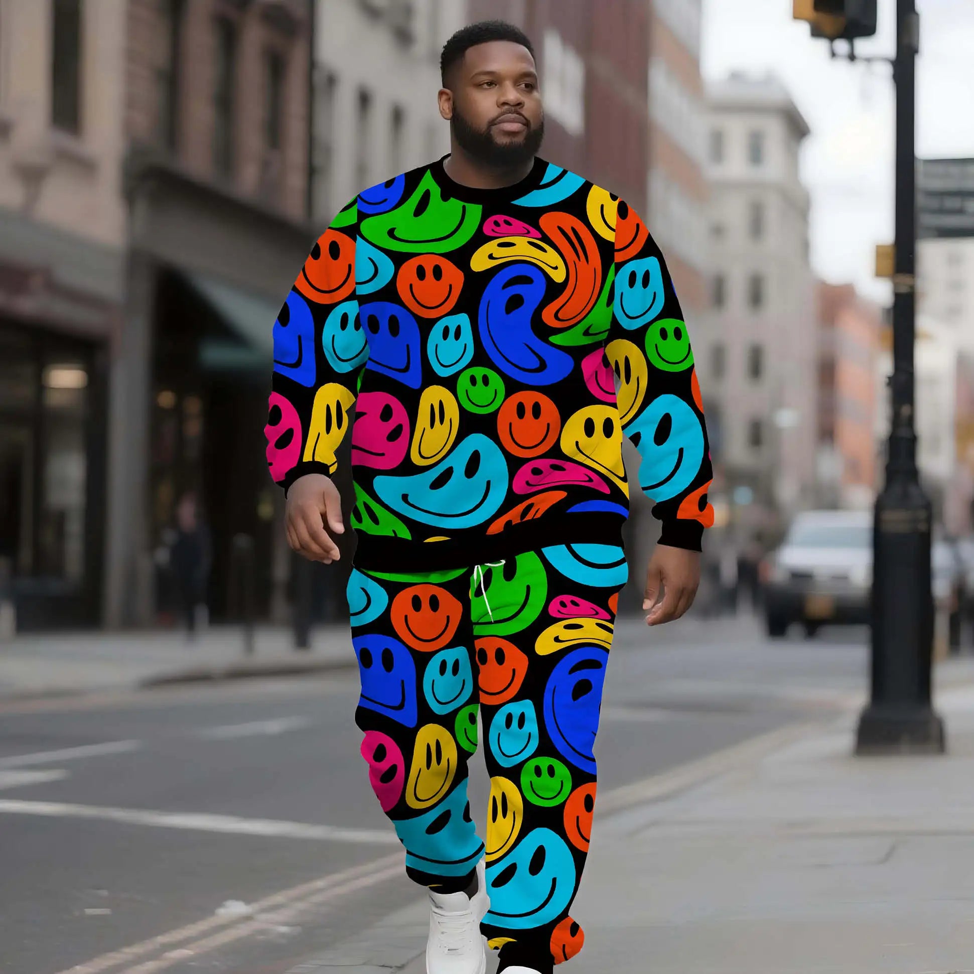Oversized Men's Sweatshirt Set Customizable for Smiley Design Striped Smart Casual Street Fashion for Winter Manufactured