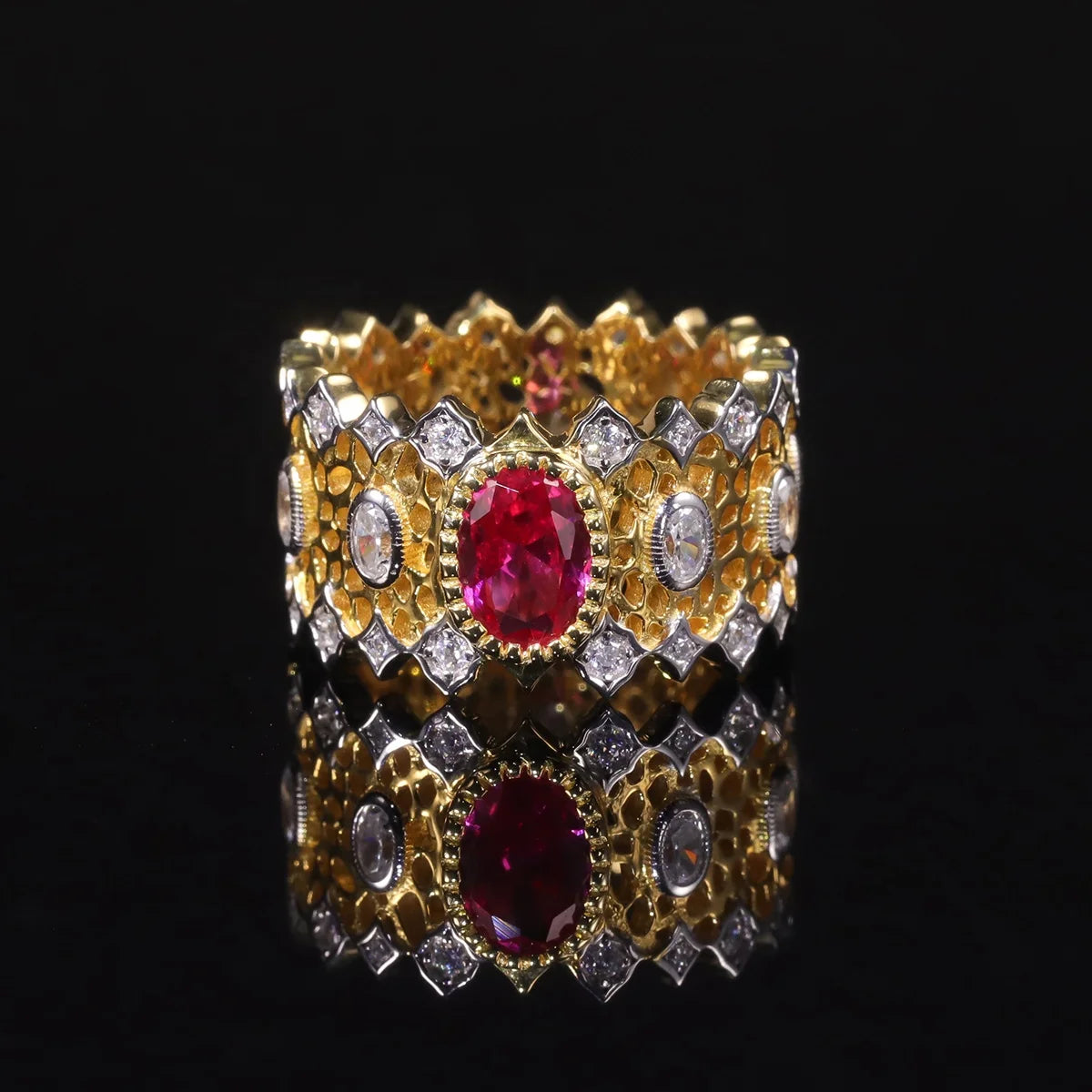 AR105 Abiding Light Luxury Antique Two Tone 925 Sterling Silver Oval 5x7MM Lab Created Ruby Band Chunky Ring