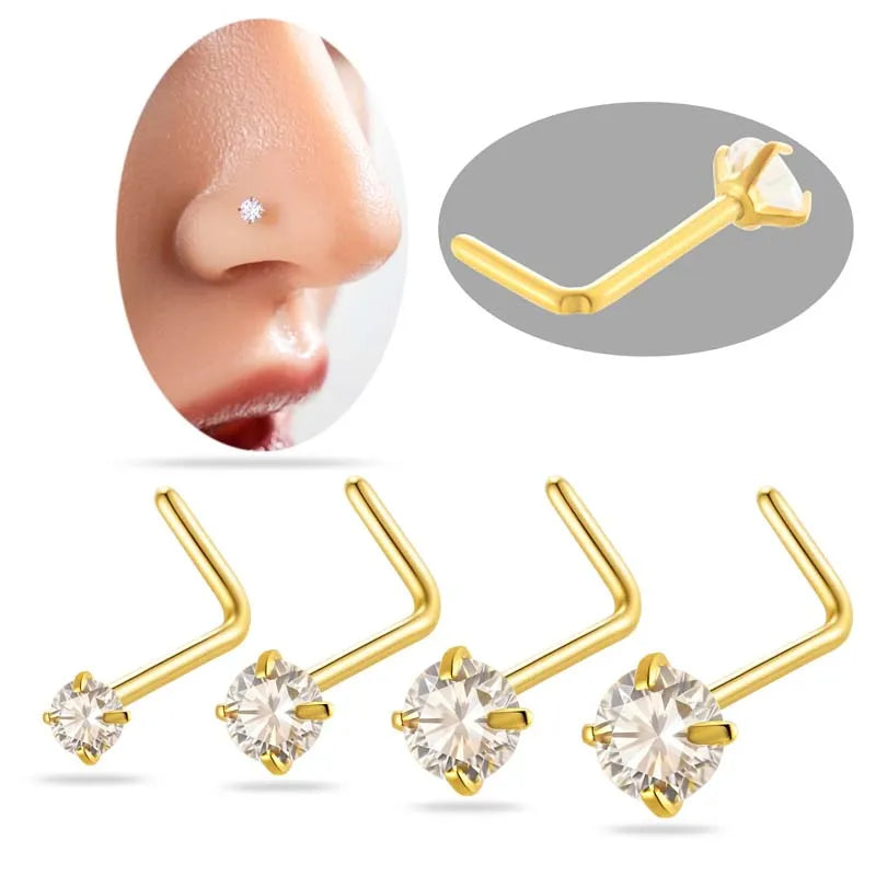 Hengsen Astm F136 Implant Grade Titanium Jewelry White CZ  Prong L Shape Nose Stud Nose L Stud