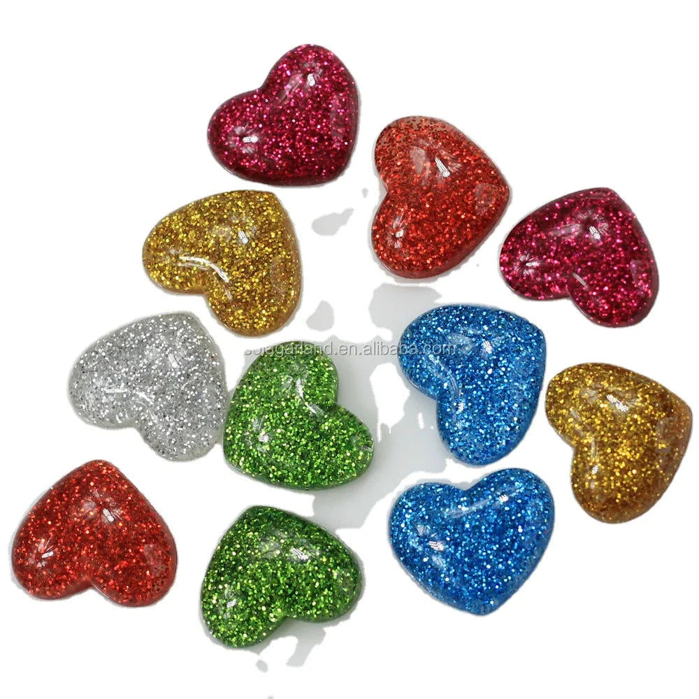 Manufacture Cheap Wholesale Glitter Powder Inside Heart Shaped Beads Slime Girls Hair Accessories Charms Flatback Cabochon