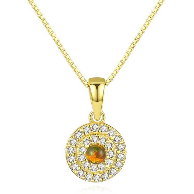 Fine Jewelry 925 Sterling Silver 18k Gold Plated Natural Round Opal Round Disc Pendant Necklace for Women Girls