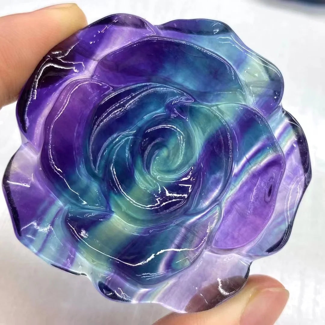 5-5.5cm Rainbow Fluorite Rose Figurine Natural Crystal Healing Stones Carved Crafts for Gifts