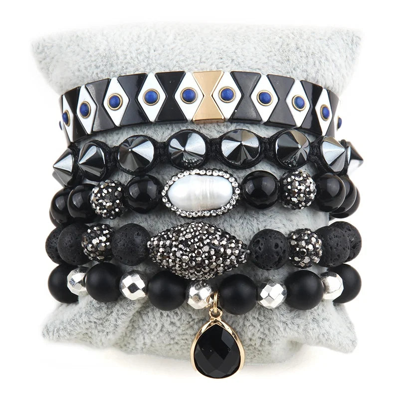 Lava Freshwater Pearl Eye Black White Enamel Spray Paint Bracelet Nail Woven Pyramid Bracelet Bangle Elastic Stack Bracelet Set