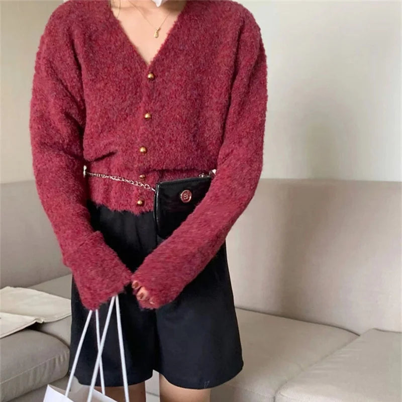 Custom Women's Knit Tops Soft Solid Color Single-breasted Loose v Neck Knitted Sweater Women Fuzzy Sweater Cardigan