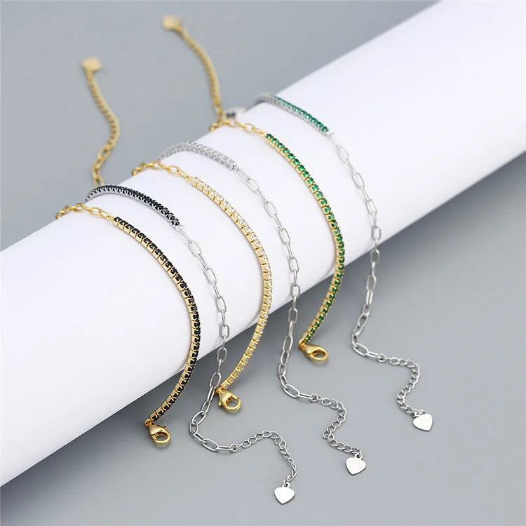 SP Fine Jewelry 925 Sterling Silver Half Paperclip Chain Half Colorful Zircon Tennis Chain Bracelet Women