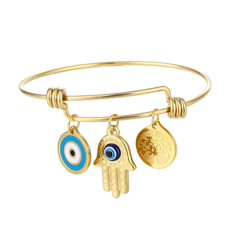 Stainless Steel Evil Eye Hand of Fatima Bracelet Personalized Push-pull Telescopic Movable Adjustable Bracelet Jewelry