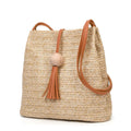 Women's Wooden Ball Woven Straw Tote Bag Casual Zipper Closure Two Handles  Waterproof Beach Handbag Tassel