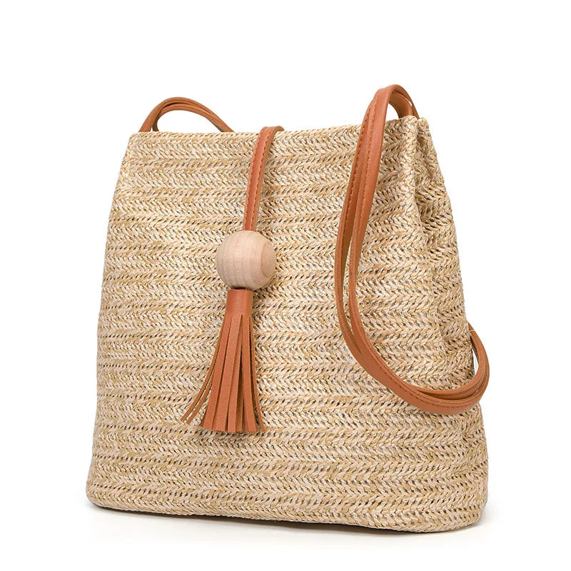 Women's Wooden Ball Woven Straw Tote Bag Casual Zipper Closure Two Handles  Waterproof Beach Handbag Tassel