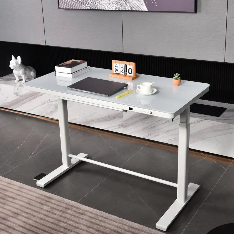 Single Motor Electric  Glass Tempered USB Socket Desktop Office Height Adjustable Sit Stand Desk with Drawer
